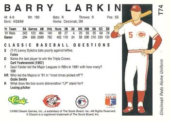 1992 Classic II #T74 Barry Larkin Back