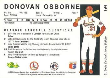 1992 Classic II #T94 Donovan Osborne Back
