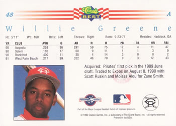 1992 Classic Best #48 Willie Greene Back