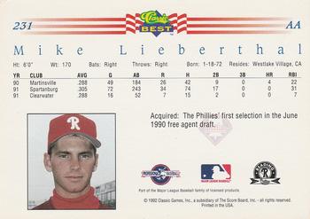 1992 Classic Best #231 Mike Lieberthal Back
