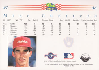 1992 Classic Best #97 Mike Guerrero Back