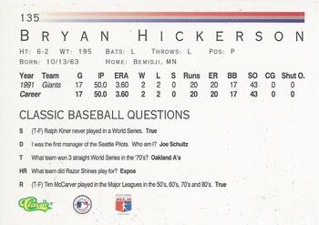 1992 Classic #135 Bryan Hickerson Back