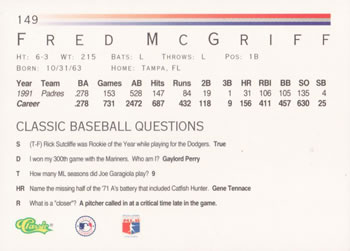 1992 Classic #149 Fred McGriff Back