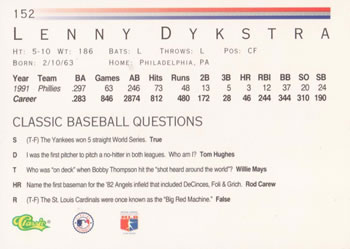 1992 Classic #152 Lenny Dykstra Back