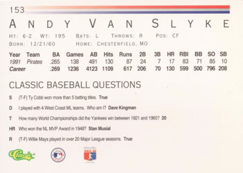 1992 Classic #153 Andy Van Slyke Back