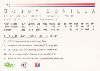 1992 Classic #176 Bobby Bonilla Back