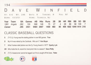 1992 Classic #194 Dave Winfield Back