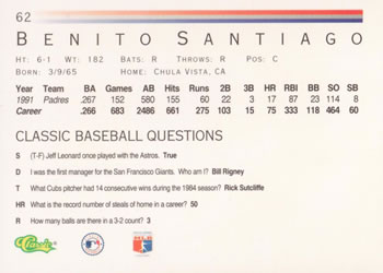 1992 Classic #62 Benito Santiago Back