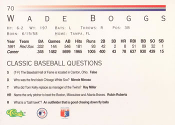 1992 Classic #70 Wade Boggs Back