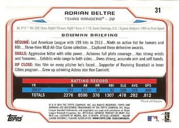 2014 Bowman #31 Adrian Beltre Back
