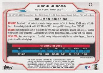 2014 Bowman #70 Hiroki Kuroda Back