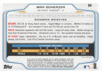 2014 Bowman #94 Max Scherzer Back