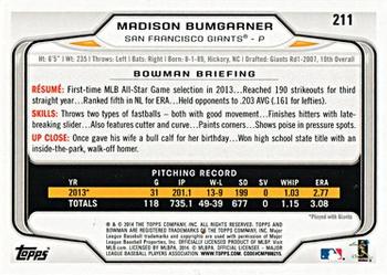2014 Bowman #211 Madison Bumgarner Back