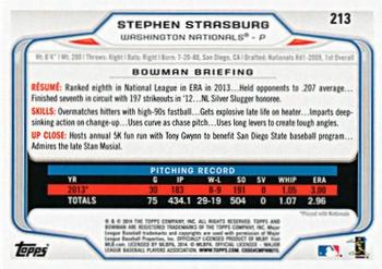 2014 Bowman #213 Stephen Strasburg Back