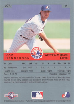 1993 Classic Best #278 Rod Henderson Back