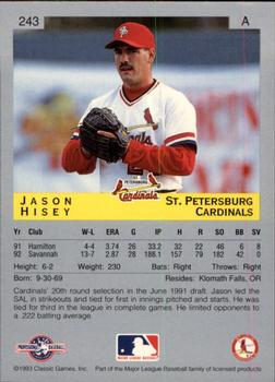 1993 Classic Best #243 Jason Hisey Back