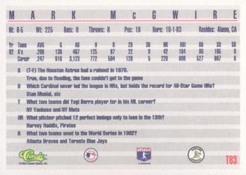 1993 Classic #T63 Mark McGwire Back