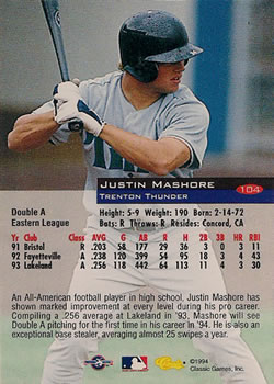 1994 Classic #104 Justin Mashore Back
