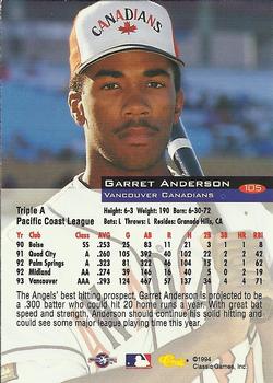 1994 Classic #105 Garret Anderson Back