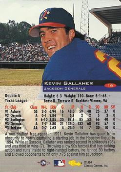 1994 Classic #16 Kevin Gallaher Back