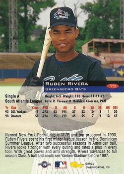 1994 Classic #73 Ruben Rivera Back