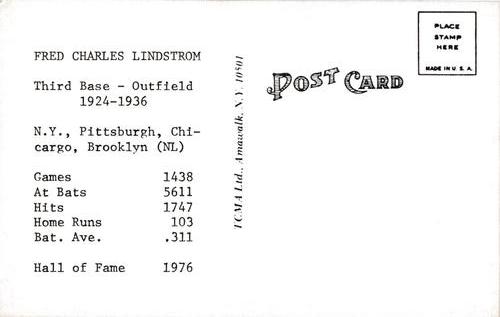 1973-80 TCMA All-Time Greats Postcards #NNO Fred Lindstrom Back
