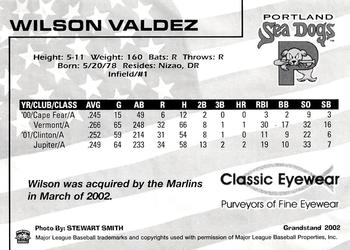 2002 Grandstand Portland Sea Dogs #NNO Wilson Valdez Back