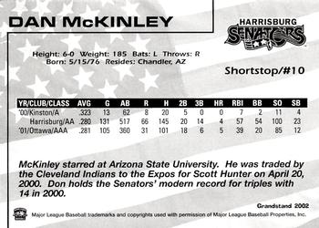 2002 Grandstand Harrisburg Senators #15 Dan McKinley Back