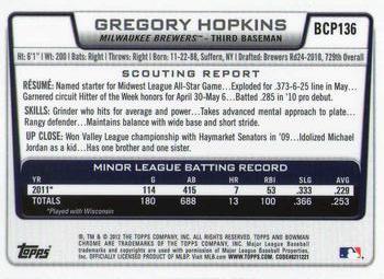 2012 Bowman Chrome - Prospects #BCP136 Gregory Hopkins Back