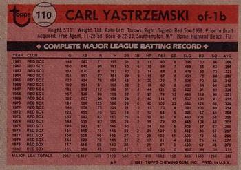 1981 Topps #110 Carl Yastrzemski Back