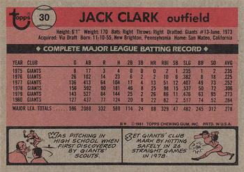 1981 Topps #30 Jack Clark Back