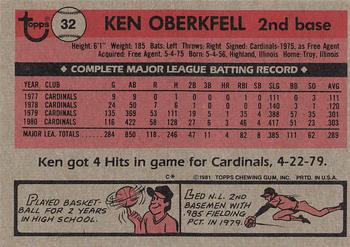 1981 Topps #32 Ken Oberkfell Back