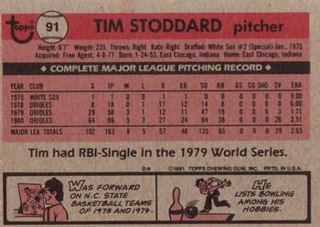 1981 Topps #91 Tim Stoddard Back