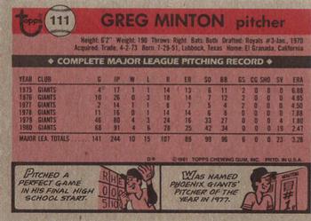 1981 Topps #111 Greg Minton Back
