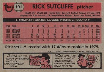 1981 Topps #191 Rick Sutcliffe Back