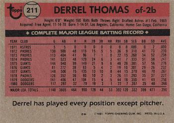 1981 Topps #211 Derrel Thomas Back