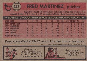 1981 Topps #227 Fred Martinez Back