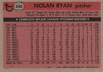 1981 Topps #240 Nolan Ryan Back