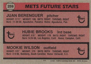 1981 Topps #259 Mets Future Stars (Juan Berenguer / Hubie Brooks / Mookie Wilson) Back