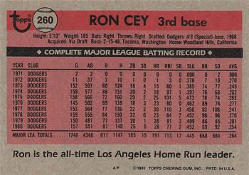 1981 Topps #260 Ron Cey Back