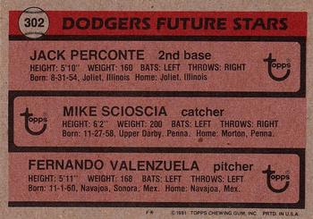 1981 Topps #302 Dodgers Future Stars (Jack Perconte / Mike Scioscia / Fernando Valenzuela) Back