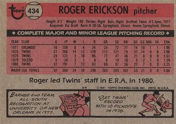 1981 Topps #434 Roger Erickson Back