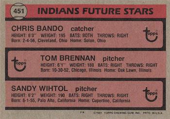 1981 Topps #451 Indians Future Stars (Chris Bando / Tom Brennan / Sandy Wihtol) Back