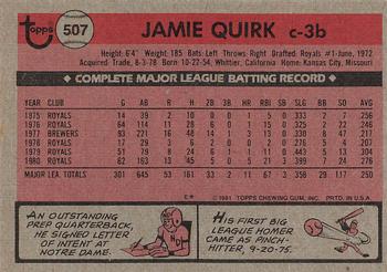 1981 Topps #507 Jamie Quirk Back