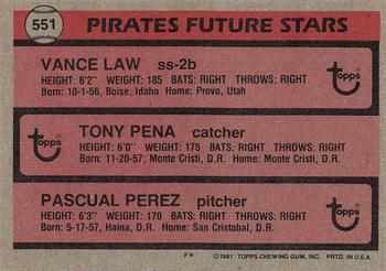 1981 Topps #551 Pirates Future Stars (Vance Law / Tony Pena / Pascual Perez) Back
