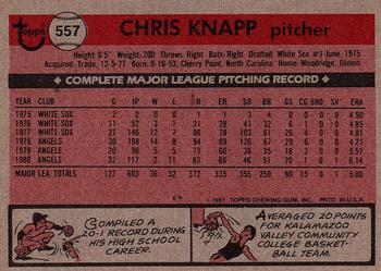1981 Topps #557 Chris Knapp Back