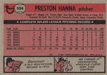 1981 Topps #594 Preston Hanna Back