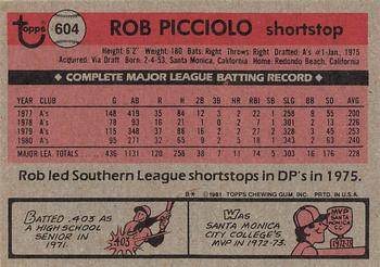 1981 Topps #604 Rob Picciolo Back