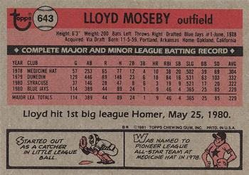 1981 Topps #643 Lloyd Moseby Back