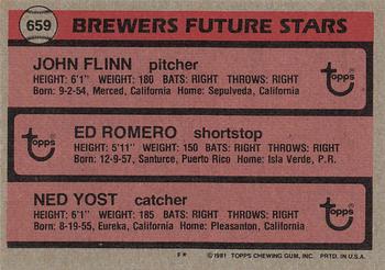 1981 Topps #659 Brewers Future Stars (John Flinn / Ed Romero / Ned Yost) Back